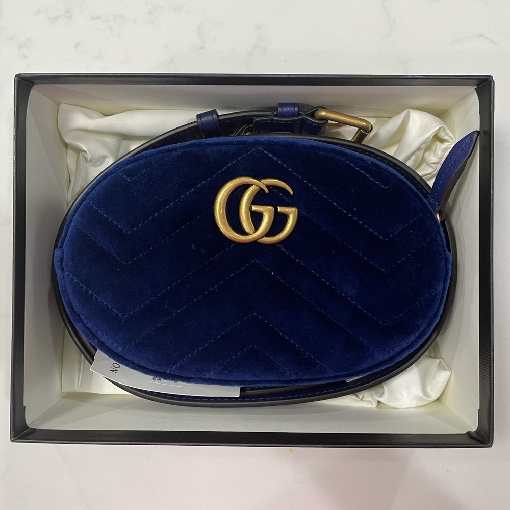 NEW GUCCI Blue Quilted Velvet GG Marmont Waist Belt Bag Fanny Pack Size 85/34